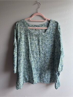 100% Cotton Free Size Palm Leaf Print Tunic Top Green White Boho Pockets